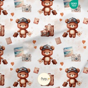 Teddy Bear on Vacation Fabric, Unisex Baby Animal Print, Sold by the Meter, Cotton/Jersey/French Terry/Waterproof/Oeko-Tex® image 1