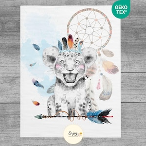 Blue Boho Lion Savannah Blanket Panel, 100% Cotton Oeko-Tex Fabric Remnant, Children's Dreamcatcher, Jungle Animals