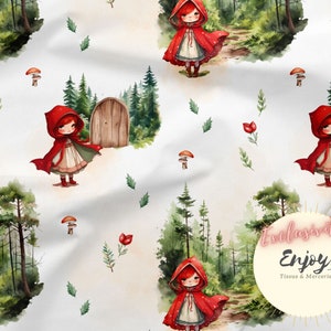 Tessuto con libro di fiabe di Cappuccetto Rosso per neonati al metro, stampa di storie della foresta in cotone / Jersey / French Terry / Impermeabile / Oeko-Tex®