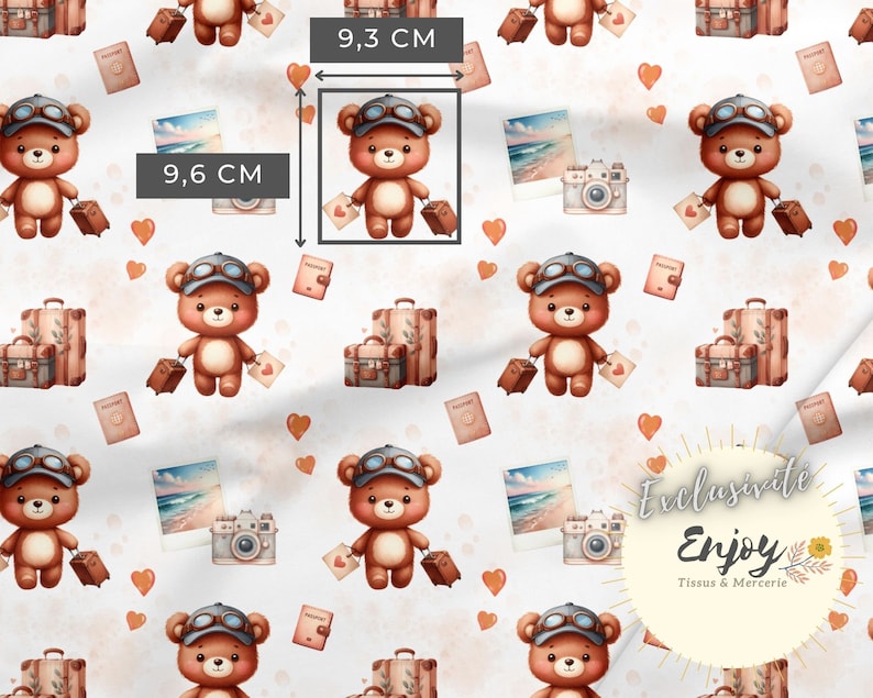 May include: A seamless pattern featuring brown teddy bears wearing aviator goggles and carrying suitcases. The bears are surrounded by hearts, vintage cameras, and passport covers. The pattern is on a white background and includes the text "Exclusive Enjoy Tissus & Mercerie".