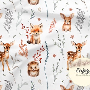 Mixed Enchanted Forest Animals Fox Fabric by the meter for Baby Child in Cotton / Jersey / French Terry / Waterproof Fabric / Oeko-Tex®
