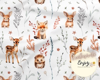 Mixed Enchanted Forest Animals Fox Fabric by the meter for Baby Child in Cotton / Jersey / French Terry / Waterproof Fabric / Oeko-Tex®