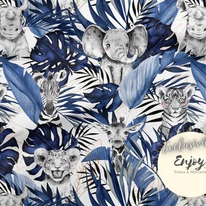 Tessuto Savana Tropicale Blu Animali della Giungla Leone Elefante Giraffa Baby in Cotone / Jersey / French Terry / Tessuto Impermeabile / Oeko-Tex®