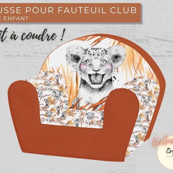 Panneau de Tissu pour Housse de Fauteuil Club Enfant, Imprimé Savane Terracotta, Animaux de la Jungle Lion Safari, 100% Coton OEKO TEX®