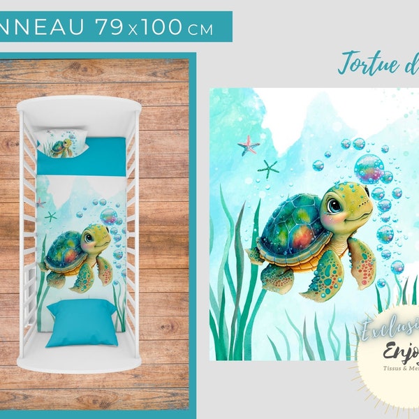 Panneau de Tissu Tortue d'Eau OEKO TEX pour couverture Bébé Enfant, Animaux de la Mer Marins