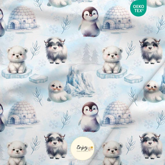 Tissu Baby Animaux de la Banquise au mètre, Imprimé Arctique Hiver Noël Pingouin Ours Coton / Jersey / French Terry / Imperméable /Oeko-Tex®