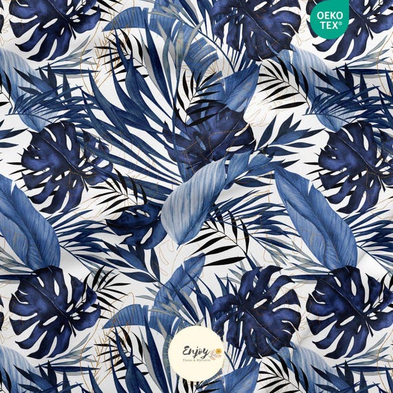 Stoff mit tropischem Savannen-Blau-Motiv, Meterware, Monstera-Dschungelmuster,  aus Baumwolle/Jersey/French Terry/wasserdichtem Stoff/Oeko-Tex - Etsy.de