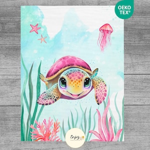 Pink Turtle Blanket Panel for Baby Child, 100% Oeko-Tex Cotton Coupon, Ocean Seabed Fabric Sea Animals