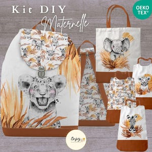Kit Sac à Dos Maternelle Lion Savane Terracotta à Coudre Panneau de Tissu Kit de Rentrée Scolaire Bavoir Cantine Sac de Bibliothèque OekoTex