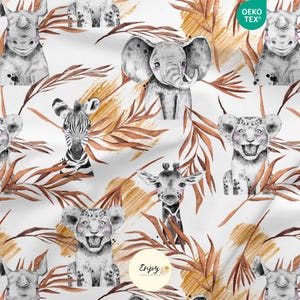 Savannen-Safari-Terracotta-Stoff (Meterware), Dschungeltiere: Löwe, Elefant, Giraffe, Baumwolle / Jersey / French Terry / wasserdicht / Öko-Tex®