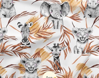 Savannah Safari Terracotta fabric by the meter, Jungle Animals Lion Elephant Giraffe Cotton / Jersey / French Terry / Waterproof / Oeko-Tex®