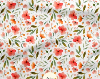 Floral Countryside Fabric, Coral Pink Boho Flowers, by the Meter, Orange Floral Fabric, Cotton/Jersey/French Terry/Waterproof/Oeko-Tex®