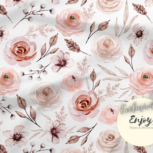 Grande tessuto floreale Boho Roses al metro, Boho Pink Flowers Foliage Print Cotone / Jersey / French Terry / Impermeabile / Oeko-Tex®