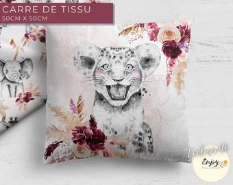 Panneau Carré Tissu Savane Boho Beige Prune Lion OEKO TEX, Coupon Lionceau Animaux de la Jungle pour Coussin 100% Coton Bébé