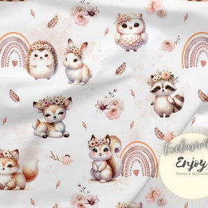 Tessuto rosa baby con animali della foresta Boho al metro, stampa arcobaleno Boho, cotone, jersey, french terry, impermeabile / Oeko-Tex®