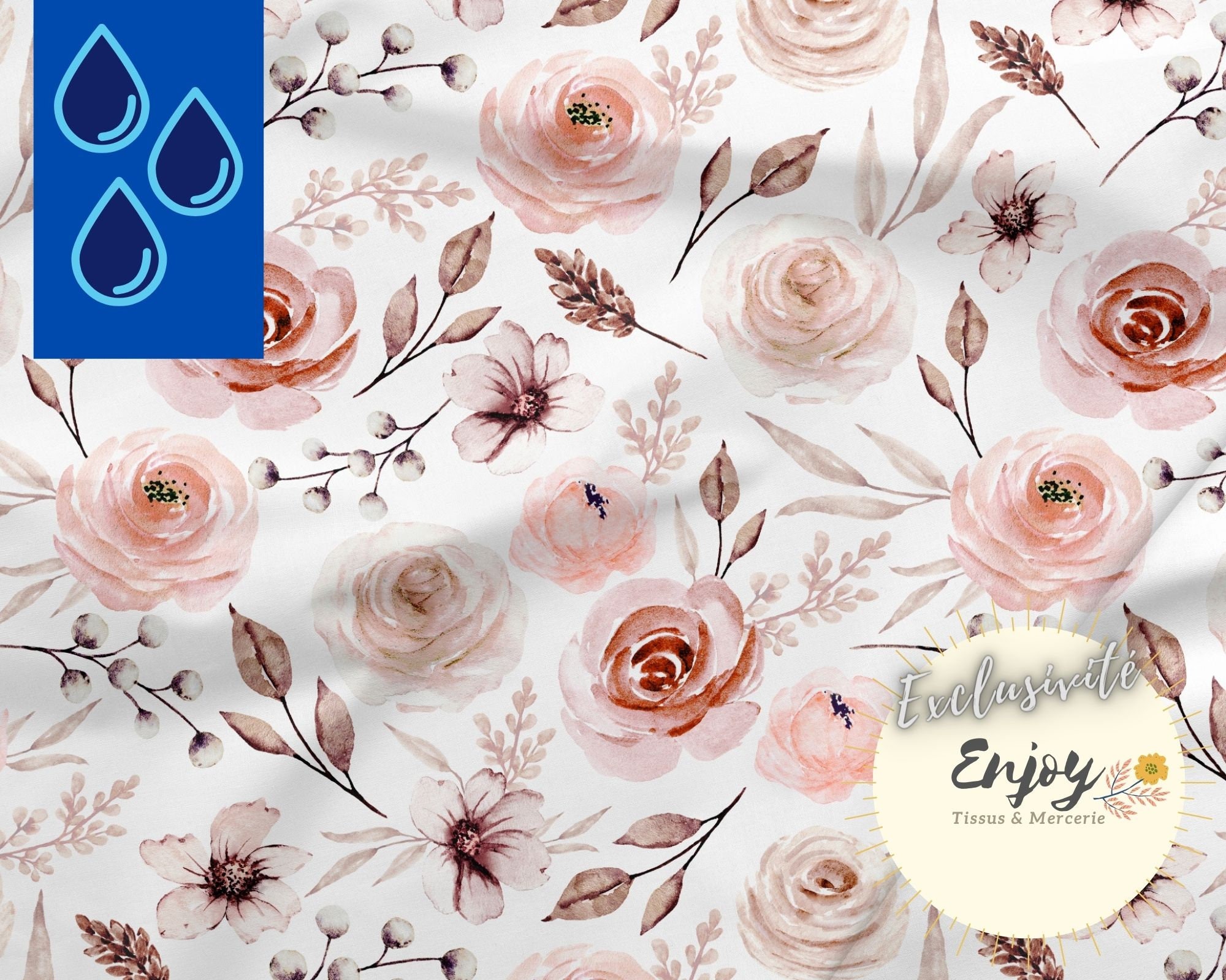 Tissu Velours Milleraies Blanc Imprimé Fleurs Roses - 30 M X 1.40 M - Coton - France