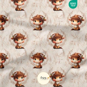 Highland Tenderness fabric by the meter, Baby Cow Highland Boho, Country Farm Pattern Cotton / Jersey / French Terry / Oeko-Tex®