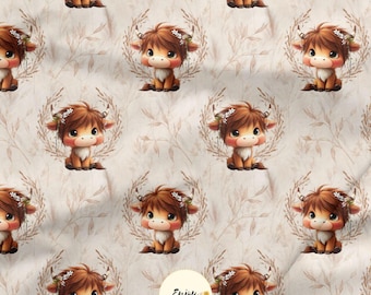 Highland Tenderness fabric by the meter, Baby Cow Highland Boho, Country Farm Pattern Cotton / Jersey / French Terry / Oeko-Tex®