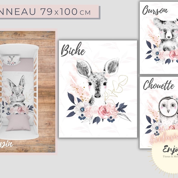 Panneau de Tissu Animaux de la Forêt Rose Or Bleu OEKO TEX pour couverture Bébé Enfant, Biche Lapin Chouette Ours Fleurs Feuillages Bohème