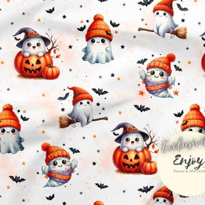 Tessuto di Halloween al metro, stampa di fantasmi, zucche e pipistrelli carini Cotone / Jersey / French Terry / Impermeabile / Oeko-Tex®