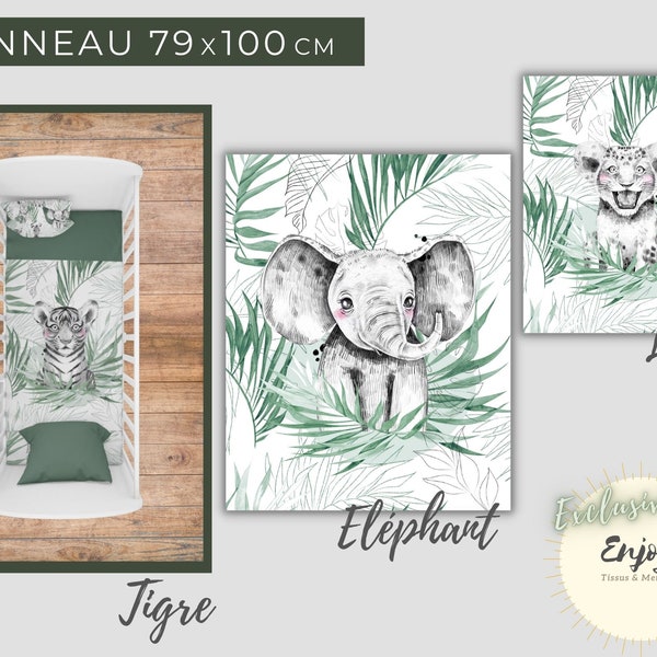 Panneau de Tissu Savane Vert OEKO TEX pour couverture Bébé Enfant, Animaux de la Jungle Lion Eléphant Zèbre Girafe Tigre Feuillages Monstera