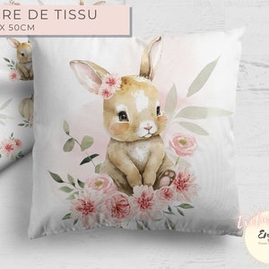 Pink Rabbit Fabric Square Forest Animals OEKO TEX, Flowered Cotton for Baby Child, Coupon Panel for Baby Room Cushion image 1