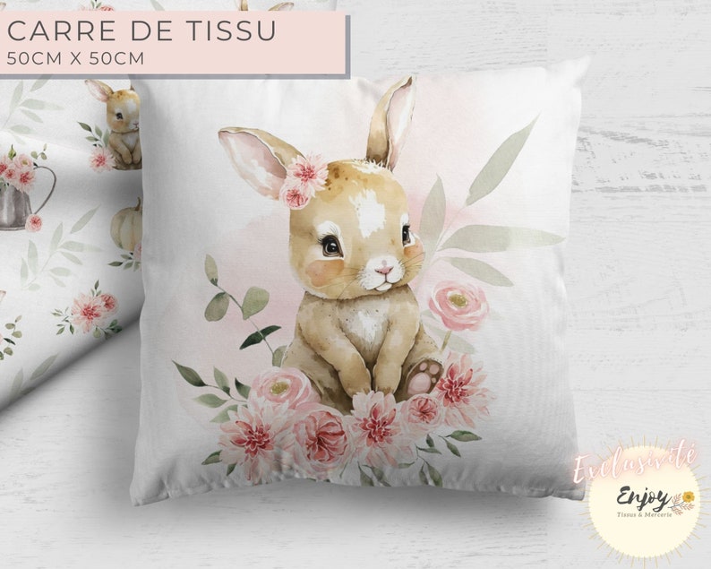 Pink Rabbit Fabric Square Forest Animals OEKO TEX, Flowered Cotton for Baby Child, Coupon Panel for Baby Room Cushion image 1