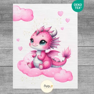 Pink Dragon Baby Blanket Fabric Panel, 100% Cotton Oeko-Tex Fabric Coupon, Fantastic Fairy Animals, Cloud, Hearts