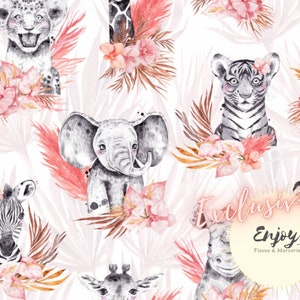 Pink Savanna Fabric Lion Elephant Giraffe Jungle Animals Baby Child in Cotton / Jersey / French Terry / Waterproof Fabric / Oeko-Tex®