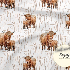 Tessuto mucca Highland Animali da fattoria al metro, cotone con stampa country / Jersey / French Terry / Tessuto impermeabile / Oeko-Tex®