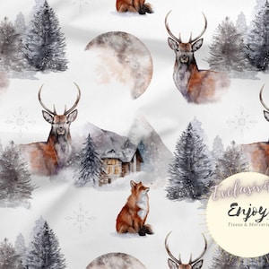 Tessuto Volpe Cervi Inverno Misto Animali della Foresta al metro in Cotone / Jersey / French Terry / Tessuto Impermeabile / Oeko-Tex® Neonato Bambino