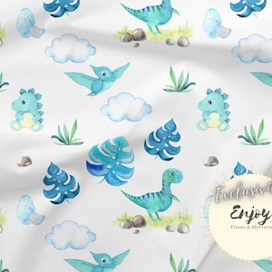 Tessuto dinosauro fogliame blu, animali preistorici al metro per neonati e bambini Cotone / Jersey / French Terry / Impermeabile / Oeko-Tex®