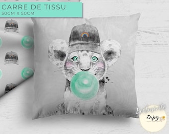 Panneau Carré Tissu Savane Bubble Lion Vert Menthe OEKO TEX, Coupon Lionceau Bulle pour Coussin 100% Coton pour Bébé Enfant