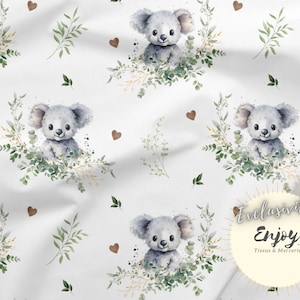Tessuto con foglie di koala ed eucalipto al metro, stampa animalier per neonati e bambini misto cotone / Jersey / French Terry / Impermeabile / Oeko-Tex®
