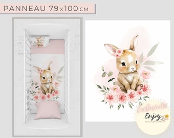 Panneau de Couverture Bébé Lapin Rose OEKO TEX pour Bébé Enfant, Tissu Fleuri Lapin Fleurs Feuillages Printemps, Animaux de la Forêt