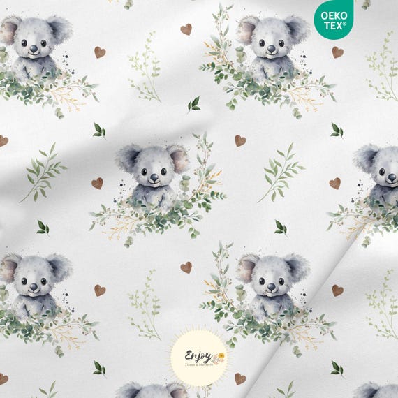 Tissu Koala & Feuillage Eucalyptus au mètre, Imprimé Bébé Enfant Animaux Mixte Coton / Jersey / French Terry / Imperméable / Oeko-Tex®