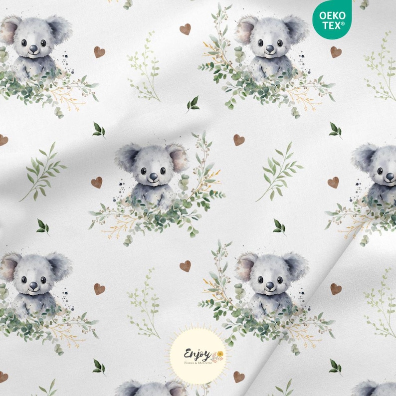 Stoff mit Koala- und Eukalyptusmotiv, Meterware, Tierdruck für Babys und Kinder, Unisex, Baumwolle/Jersey/French Terry/wasserdicht/Öko-Tex® Bild 1