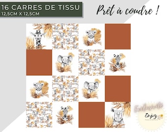 Coupon pour Lingettes Lavables Bébé Savane Terracotta, 16 Carrés de Coton OEKO TEX à coudre, Tissu Animaux de la Jungle Lion Elephant Enfant