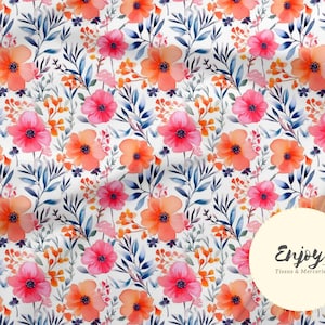 Tessuto floreale Fiori rosa corallo Paese Fogliame blu al metro, Stampa floreale Cotone / Jersey / French Terry / Impermeabile /Oeko-Tex
