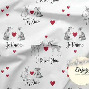 Forest Animals Fabric Red Hearts by the meter, Rabbit Fox Love Print Cotton / Jersey / French Terry / Waterproof Fabric / Oeko-Tex®