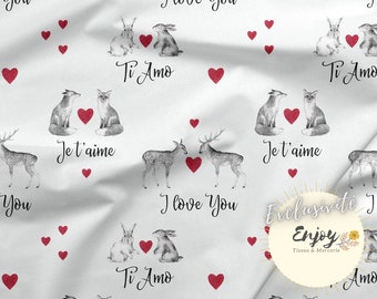 Tissu Animaux de la Forêt Coeurs Rouges au mètre, Imprimé Lapin Renard Amour Coton / Jersey / French Terry / Tissu Imperméable / Oeko-Tex®