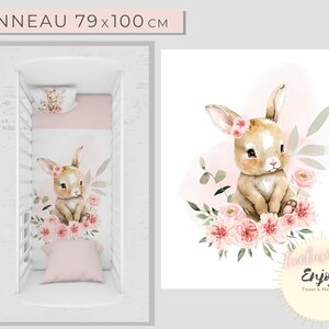 Pink Rabbit Fabric Square Forest Animals OEKO TEX, Flowered Cotton for Baby Child, Coupon Panel for Baby Room Cushion image 7