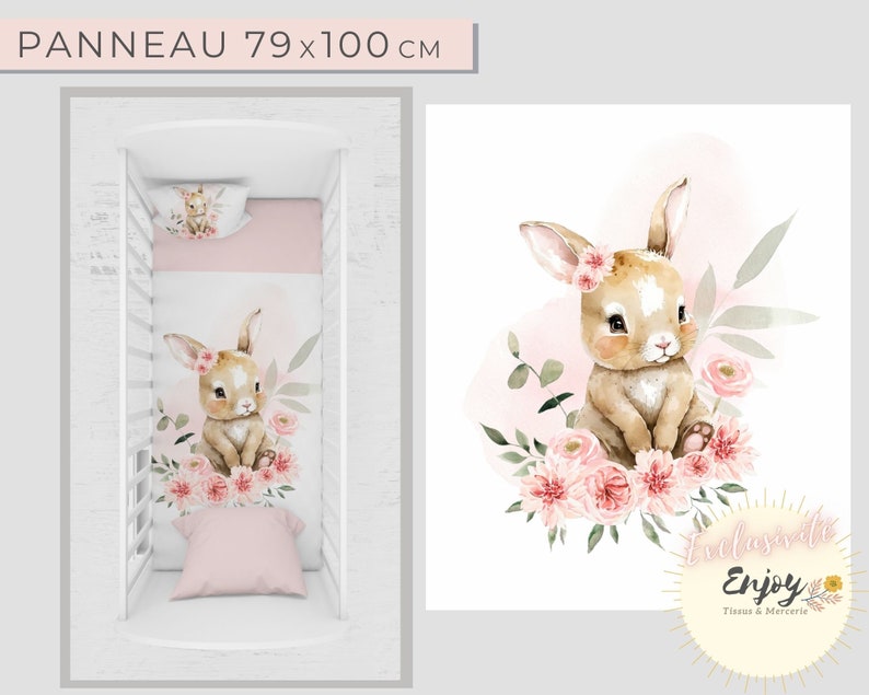 Pink Rabbit Fabric Square Forest Animals OEKO TEX, Flowered Cotton for Baby Child, Coupon Panel for Baby Room Cushion image 7