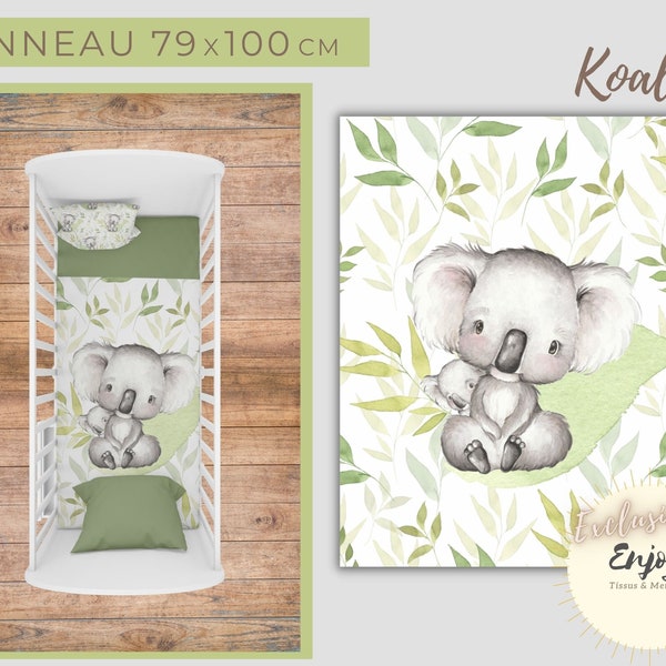 Panneau de Tissu Bébé Koala OEKO TEX pour couverture Bébé Enfant, Panneau de Lit Animaux Feuillage Eucalyptus
