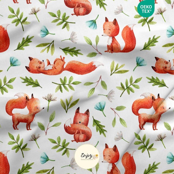 Tissu Renard Joueur Animaux de la Forêt mixte pour Bébé Enfant au mètre en Coton / Jersey / French Terry / Tissu Imperméable / Oeko-Tex®