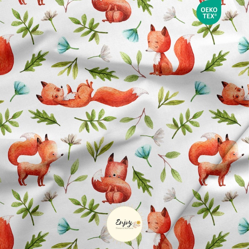 Mixed Forest Animal Playful Fox Fabric for Baby and Child, Sold by the Meter, Cotton/Jersey/French Terry/Waterproof Fabric/Oeko-Tex® image 1