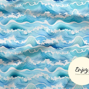 Sea Ocean Waves Fabric, Blue Seascape by the meter, Seascape Print in Cotton / Jersey / French Terry / Waterproof Fabric / Oeko-Tex®