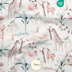 Tela rosa con estampado de animales de la sabana africana por metro, estampado de jungla, jirafa y gacela en algodón/jersey/felpa francesa/impermeable/Oeko-Tex®