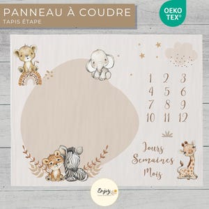 Baby Savannah OEKOTEX Fabric Panel for Baby Milestone Blanket Jungle Safari Animals Lion Elephant Fabric, Baby Month Photo Mat French BS