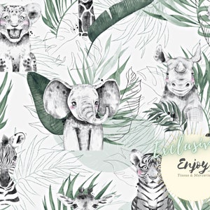 Jade Green Savanna Fabric by the meter, Tropical Jungle Animals Baby Child in Cotton / Jersey / French Terry / Waterproof Fabric / Oeko-Tex®